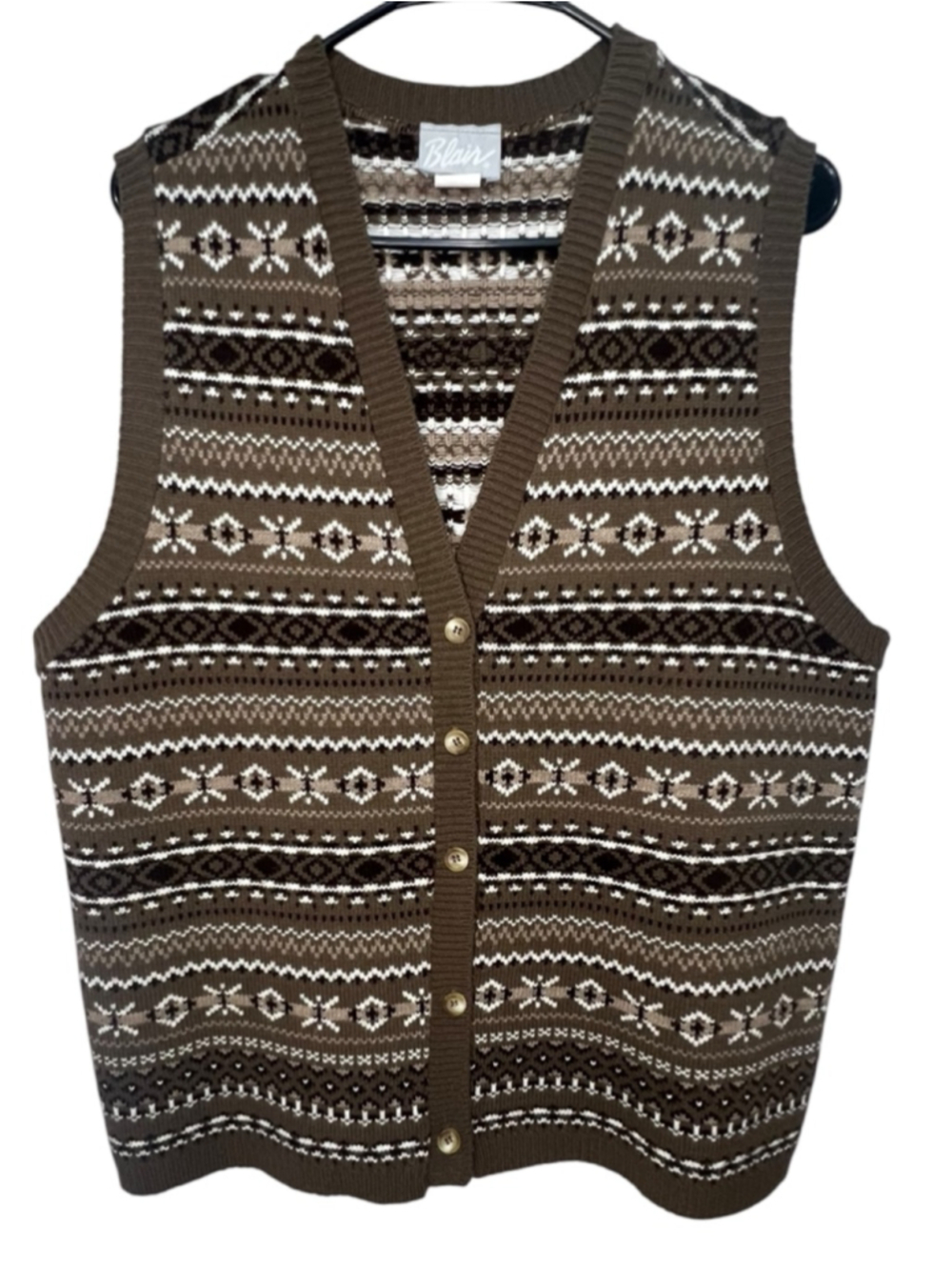 Blair Brown And Beige Nordic Fair Isle Knit Button Front Sweater Vest